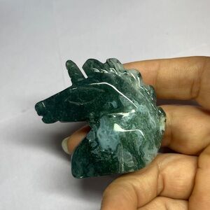 Moss Agate Unicorn head Crystal carving